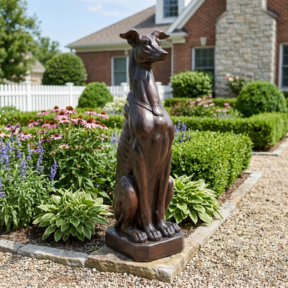 English Elm Grey Greyhound Outdoor Statue Cast Concrete Antique Brown Finish Artisan Garden Accent 65282.00DBRN