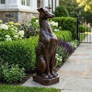 English Elm Grey Greyhound Outdoor Statue Cast Concrete Antique Brown Finish Artisan Garden Accent 65282.00DBRN