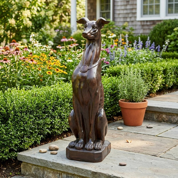 English Elm Grey Greyhound Outdoor Statue Cast Concrete Antique Brown Finish Artisan Garden Accent 65282.00DBRN