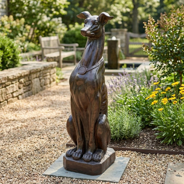 English Elm Grey Greyhound Outdoor Statue Cast Concrete Antique Brown Finish Artisan Garden Accent 65282.00DBRN