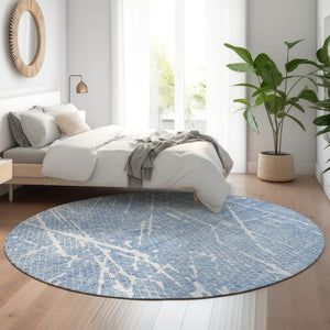 HomeRoots 8' Blue And Ivory Abstract Round Rug - Washable, UV Protected, Durable for High-Traffic Areas 652824