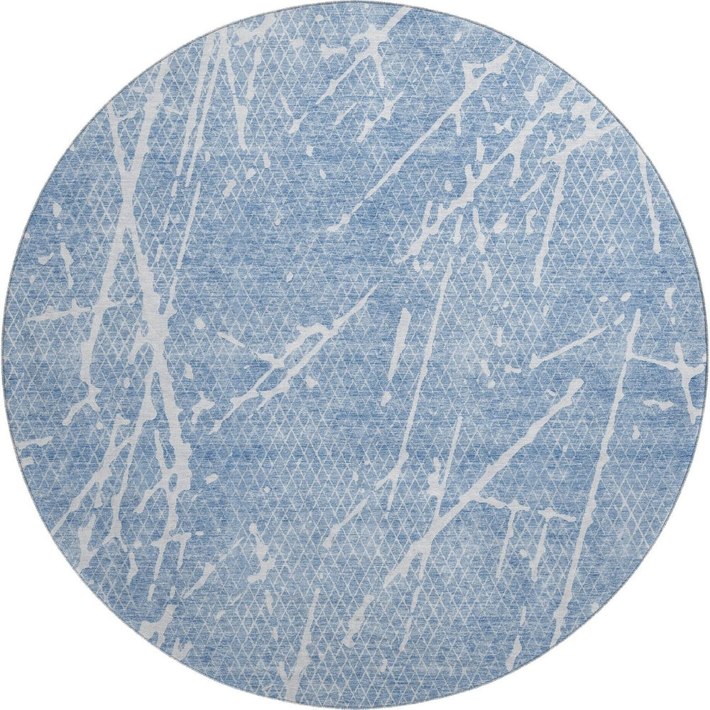 HomeRoots 8' Blue And Ivory Abstract Round Rug - Washable, UV Protected, Durable for High-Traffic Areas 652824