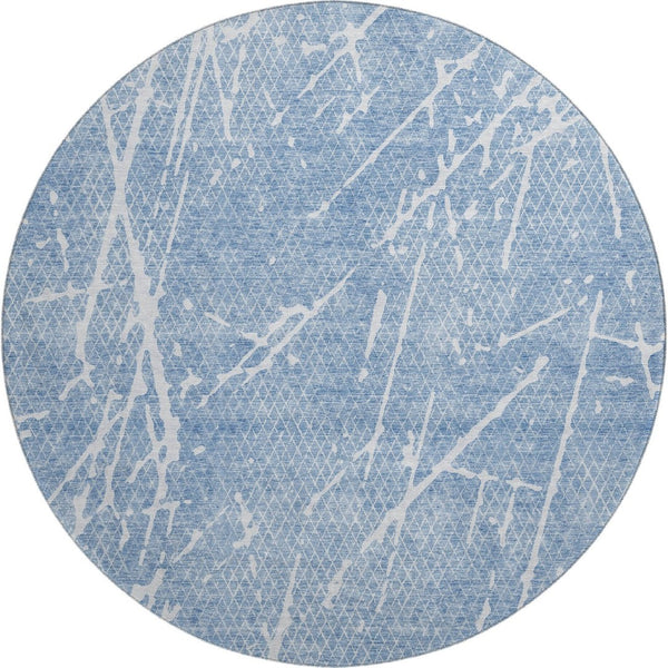 HomeRoots 8' Blue And Ivory Abstract Round Rug - Washable, UV Protected, Durable for High-Traffic Areas 652824