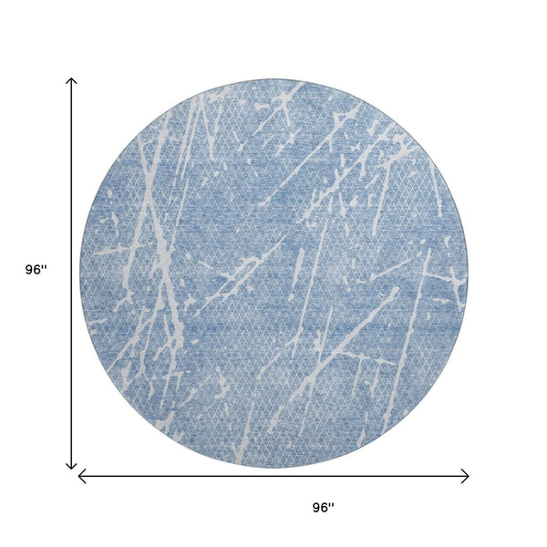 HomeRoots 8' Blue And Ivory Abstract Round Rug - Washable, UV Protected, Durable for High-Traffic Areas 652824