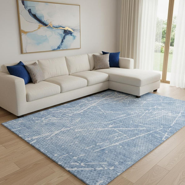 HomeRoots 8' X 10' Blue and Ivory Abstract Area Rug – Washable, UV Protected, Perfect for Kids and Pets! 652825