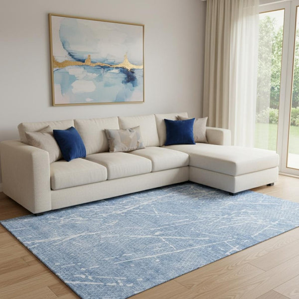 HomeRoots 9' X 12' Abstract Blue & Ivory Area Rug - Washable, UV-Protected, Durable & Stylish for Any Space 652826
