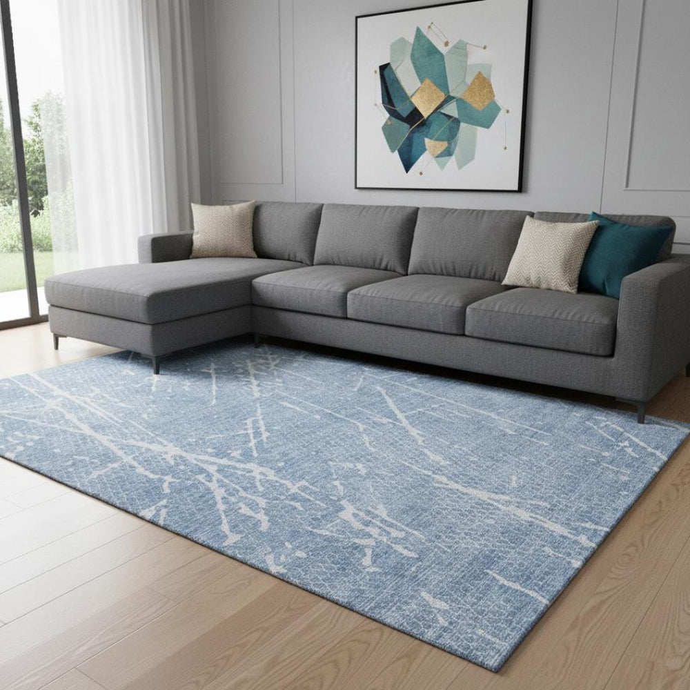 HomeRoots 10' X 14' Blue and Ivory Abstract Washable Area Rug – Durable, UV-Protected, Ideal for Busy Homes 652827
