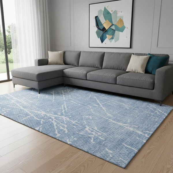 HomeRoots 10' X 14' Blue and Ivory Abstract Washable Area Rug – Durable, UV-Protected, Ideal for Busy Homes 652827