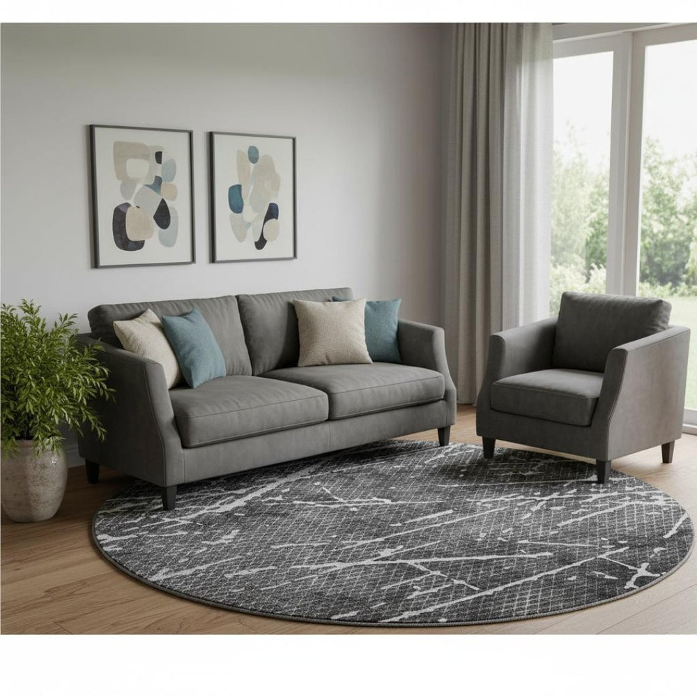 HomeRoots 8' Charcoal And Ivory Abstract Round Rug – Washable, UV-Protected, Durable Style for Modern Homes 652830