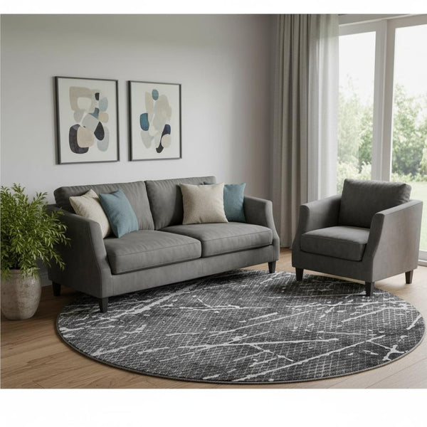 HomeRoots 8' Charcoal And Ivory Abstract Round Rug – Washable, UV-Protected, Durable Style for Modern Homes 652830