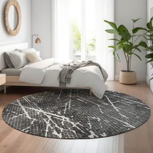 HomeRoots 8' Charcoal And Ivory Abstract Round Rug – Washable, UV-Protected, Durable Style for Modern Homes 652830