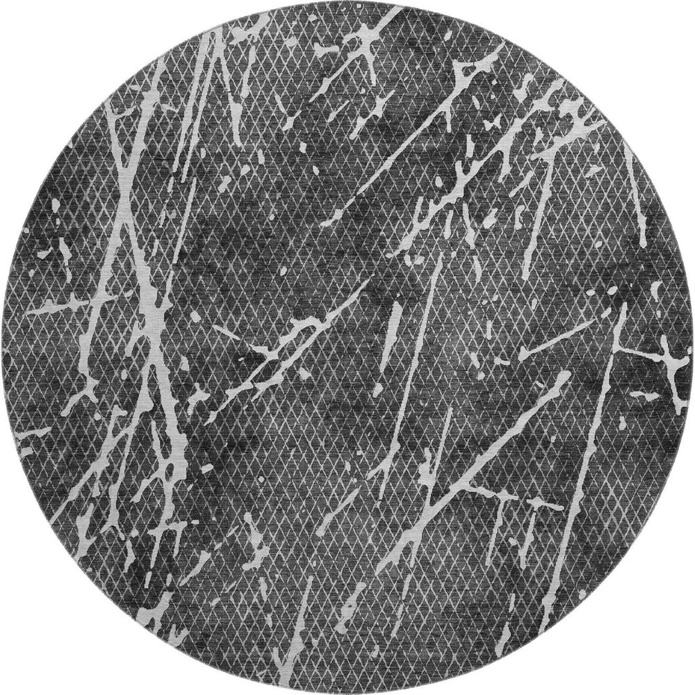 HomeRoots 8' Charcoal And Ivory Abstract Round Rug – Washable, UV-Protected, Durable Style for Modern Homes 652830