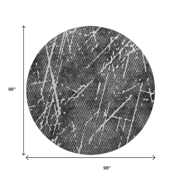 HomeRoots 8' Charcoal And Ivory Abstract Round Rug – Washable, UV-Protected, Durable Style for Modern Homes 652830