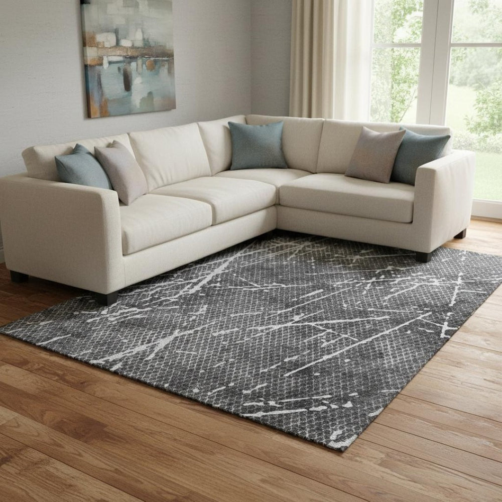 HomeRoots 8' X 10' Charcoal And Ivory Abstract Washable Area Rug with UV Protection for Stylish Homes 652831
