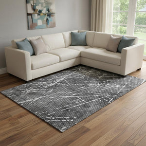 HomeRoots 9' X 12' Charcoal & Ivory Abstract Area Rug - Washable, UV Protected, Durable for High-Traffic Homes 652832