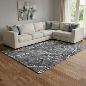 HomeRoots 9' X 12' Charcoal & Ivory Abstract Area Rug - Washable, UV Protected, Durable for High-Traffic Homes 652832