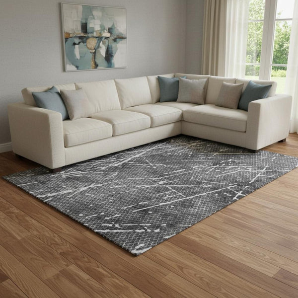 HomeRoots 9' X 12' Charcoal & Ivory Abstract Area Rug - Washable, UV Protected, Durable for High-Traffic Homes 652832