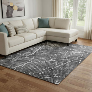HomeRoots 10' X 14' Charcoal & Ivory Abstract Washable Area Rug - UV Protected, Stain-Resistant, Modern Decor 652833