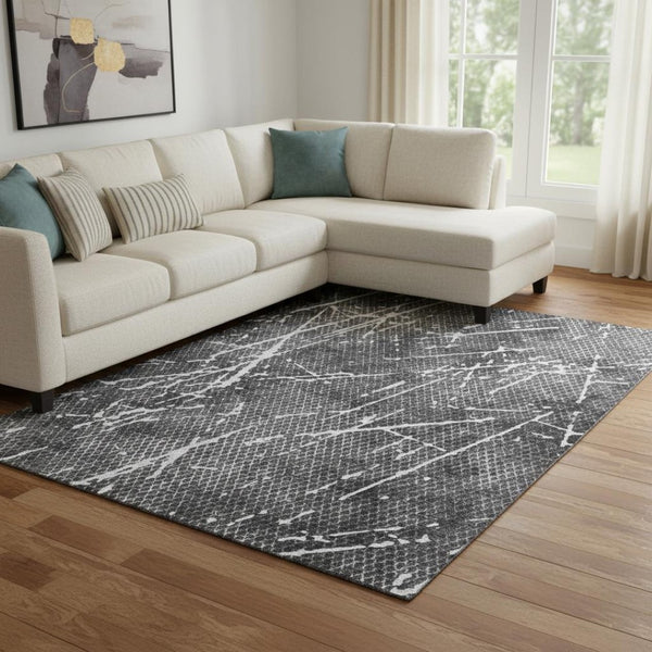 HomeRoots 10' X 14' Charcoal & Ivory Abstract Washable Area Rug - UV Protected, Stain-Resistant, Modern Decor 652833