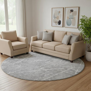 HomeRoots 8' Gray And Ivory Abstract Washable Round Rug - Durable, Stain Resistant, UV Protected for Modern Homes 652836