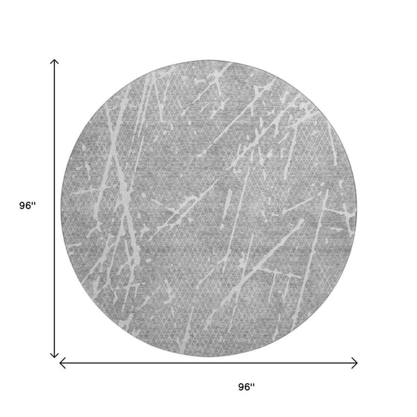 HomeRoots 8' Gray And Ivory Abstract Washable Round Rug - Durable, Stain Resistant, UV Protected for Modern Homes 652836