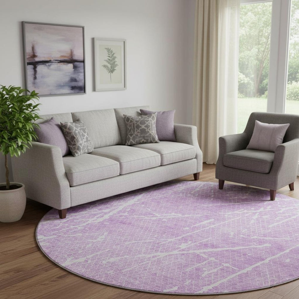HomeRoots 8' Lilac and Ivory Abstract Washable Round Rug - Stylish, Durable, UV-Protected for Every Space! 652842