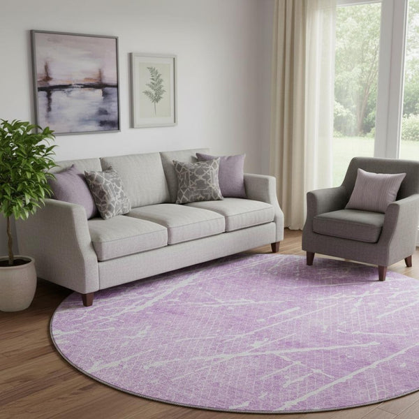 HomeRoots 8' Lilac and Ivory Abstract Washable Round Rug - Stylish, Durable, UV-Protected for Every Space! 652842
