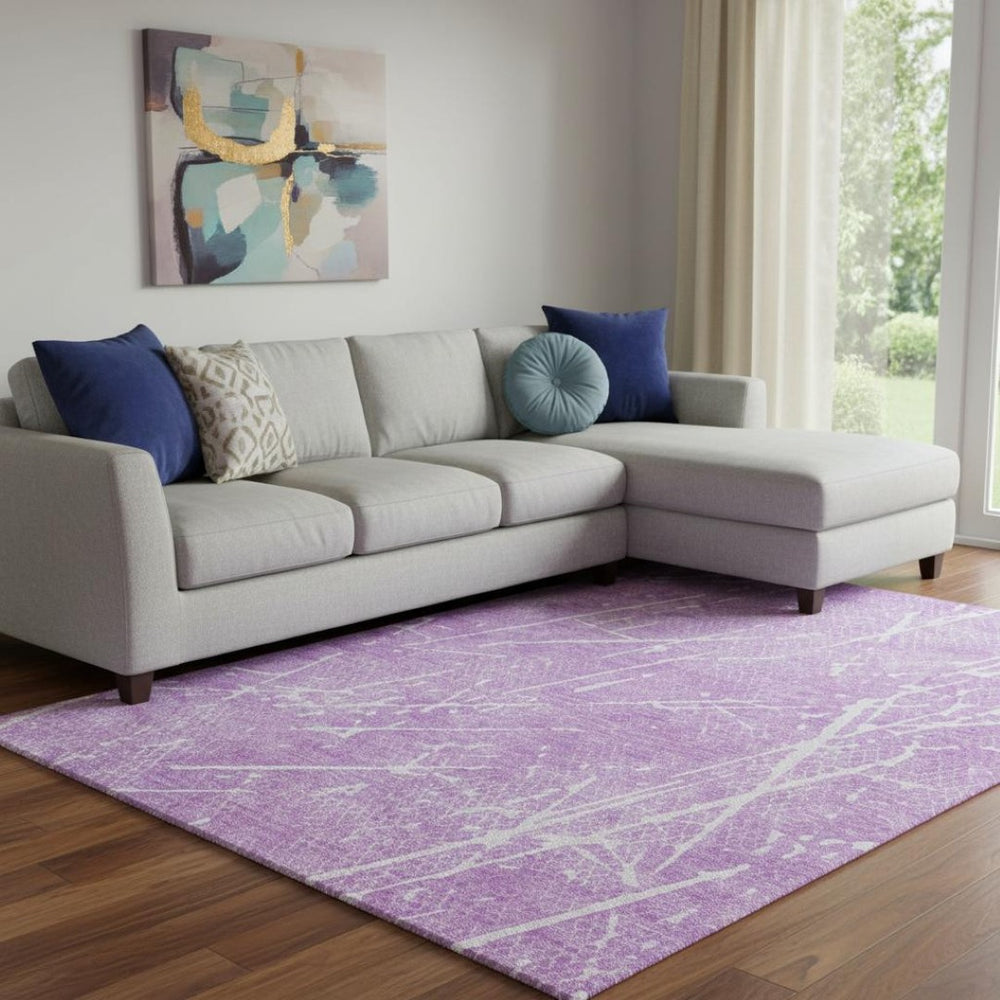 HomeRoots 9' X 12' Lilac & Ivory Abstract Area Rug - Washable, UV-Protected, Soft & Durable for Everyday Living 652844