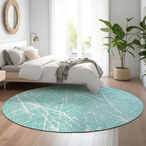 HomeRoots 8' Teal and Ivory Abstract Round Rug - Washable, UV Protected, Perfect for Kids and Pets! 652848
