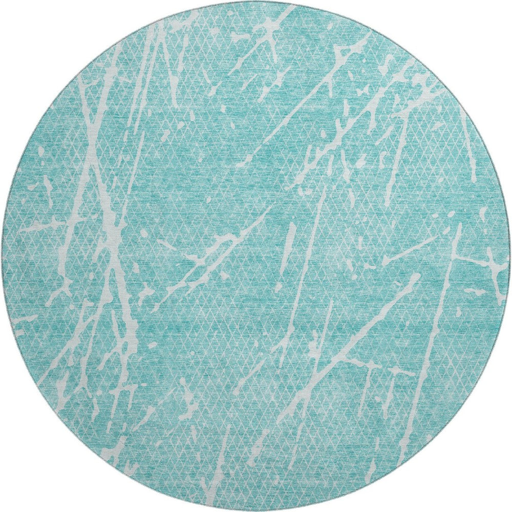 HomeRoots 8' Teal and Ivory Abstract Round Rug - Washable, UV Protected, Perfect for Kids and Pets! 652848