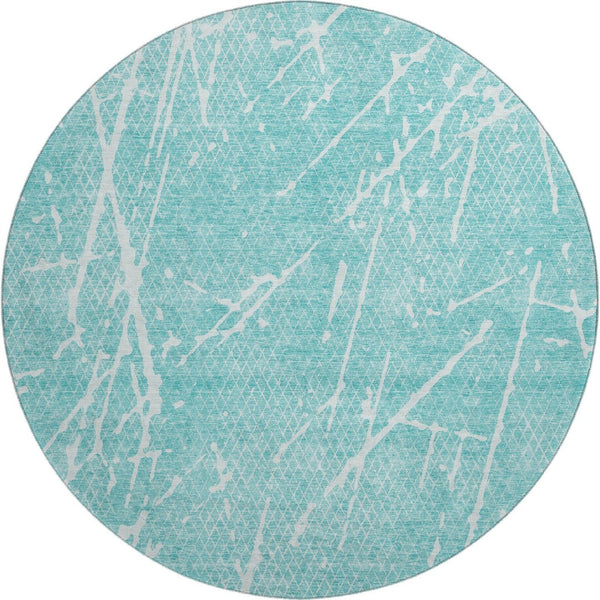 HomeRoots 8' Teal and Ivory Abstract Round Rug - Washable, UV Protected, Perfect for Kids and Pets! 652848