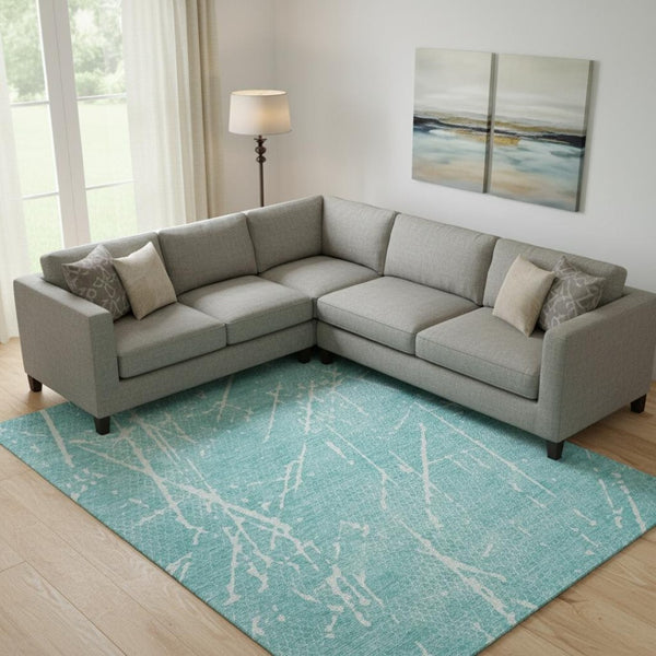 HomeRoots 9' X 12' Teal & Ivory Abstract Washable Area Rug – Durable, Stylish, UV-Protected for Busy Homes! 652850