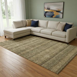 HomeRoots 10' X 14' Brown and Beige Striped Area Rug – Stylish, Washable, UV-Protected for Family Homes & Pets 652857