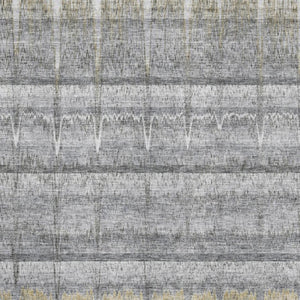 HomeRoots 5' Gray Ivory Gold Striped Washable Area Rug - Durable, Stain Resistant, UV Protected for High Traffic Areas 652859