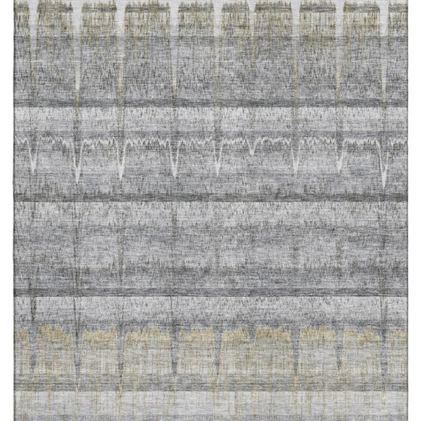 HomeRoots 5' Gray Ivory Gold Striped Washable Area Rug - Durable, Stain Resistant, UV Protected for High Traffic Areas 652859