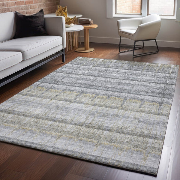 HomeRoots 5' Gray Ivory Gold Striped Washable Area Rug - Durable, Stain Resistant, UV Protected for High Traffic Areas 652859