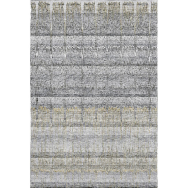 HomeRoots 5' Gray Ivory Gold Striped Washable Area Rug - Durable, Stain Resistant, UV Protected for High Traffic Areas 652859