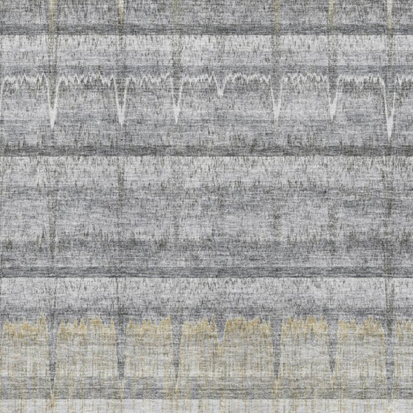 HomeRoots 5' Gray Ivory Gold Striped Washable Area Rug - Durable, Stain Resistant, UV Protected for High Traffic Areas 652859