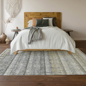 HomeRoots 5' Gray Ivory Gold Striped Washable Area Rug - Durable, Stain Resistant, UV Protected for High Traffic Areas 652859