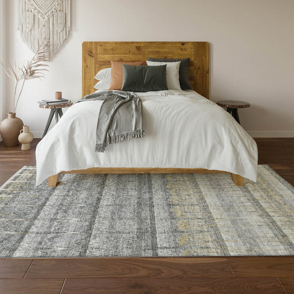 HomeRoots 5' Gray Ivory Gold Striped Washable Area Rug - Durable, Stain Resistant, UV Protected for High Traffic Areas 652859