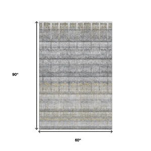 HomeRoots 5' Gray Ivory Gold Striped Washable Area Rug - Durable, Stain Resistant, UV Protected for High Traffic Areas 652859