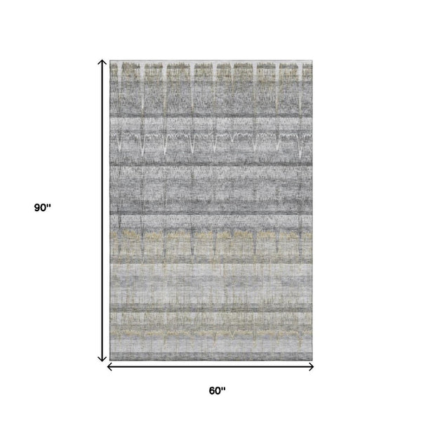 HomeRoots 5' Gray Ivory Gold Striped Washable Area Rug - Durable, Stain Resistant, UV Protected for High Traffic Areas 652859