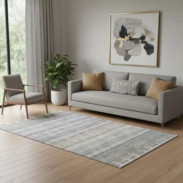 HomeRoots 5' Gray Ivory Gold Striped Washable Area Rug - Durable, Stain Resistant, UV Protected for High Traffic Areas 652859
