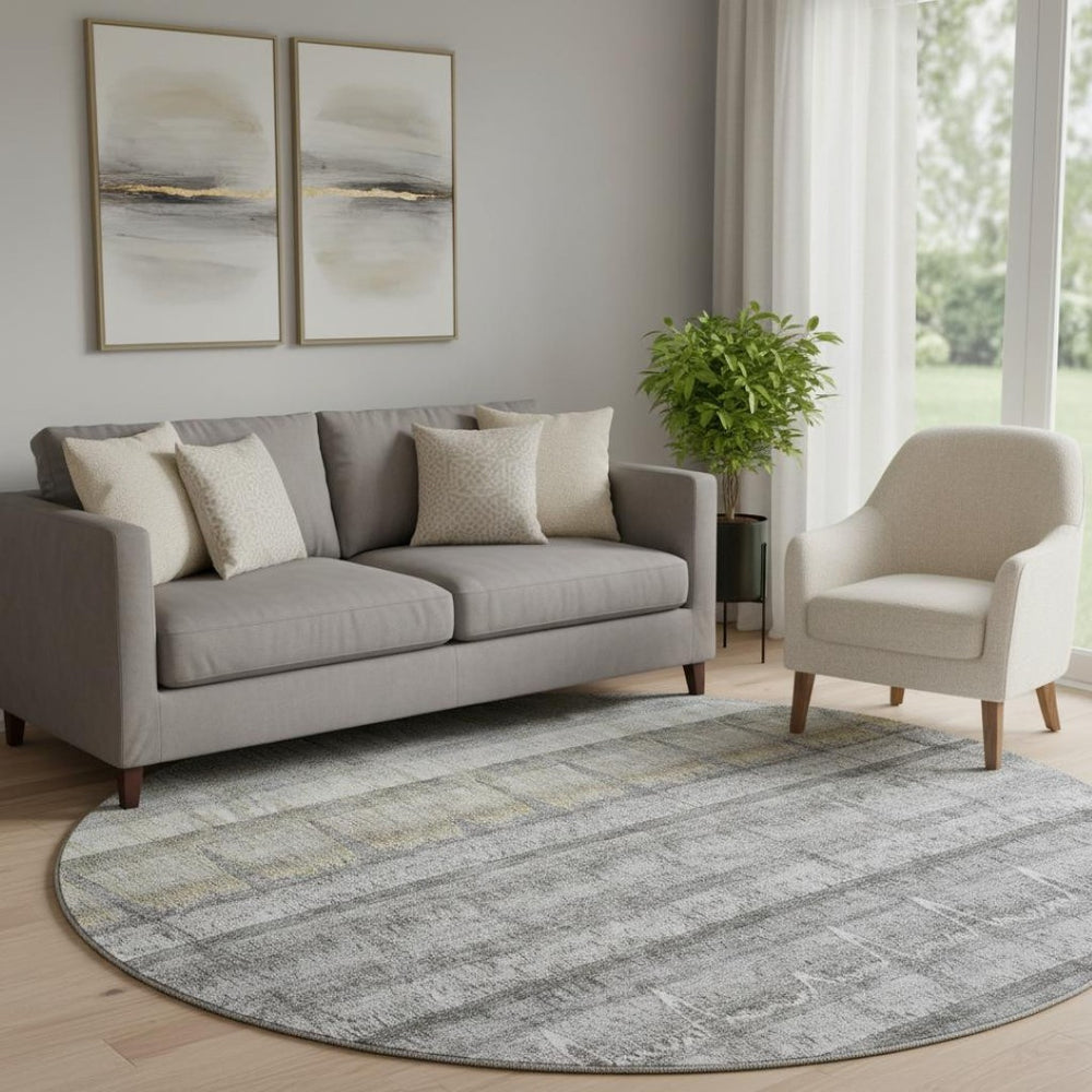 HomeRoots 8' Gray Ivory and Gold Striped Round Rug - Washable, UV-Protected, Perfect for High-Traffic Areas! 652860