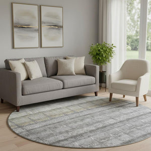 HomeRoots 8' Gray Ivory and Gold Striped Round Rug - Washable, UV-Protected, Perfect for High-Traffic Areas! 652860