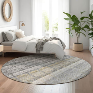 HomeRoots 8' Gray Ivory and Gold Striped Round Rug - Washable, UV-Protected, Perfect for High-Traffic Areas! 652860