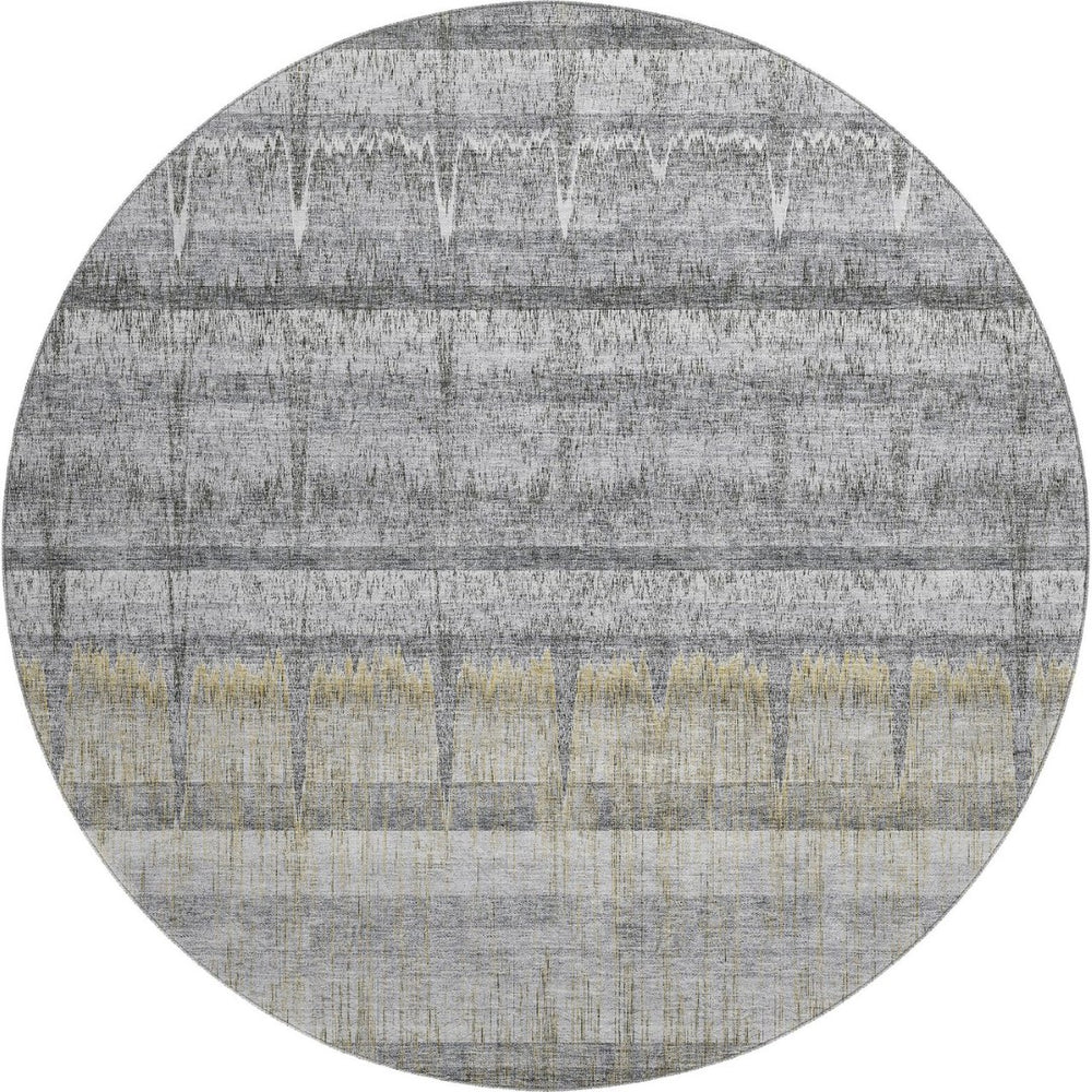 HomeRoots 8' Gray Ivory and Gold Striped Round Rug - Washable, UV-Protected, Perfect for High-Traffic Areas! 652860