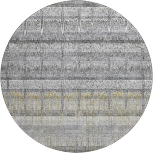 HomeRoots 8' Gray Ivory and Gold Striped Round Rug - Washable, UV-Protected, Perfect for High-Traffic Areas! 652860