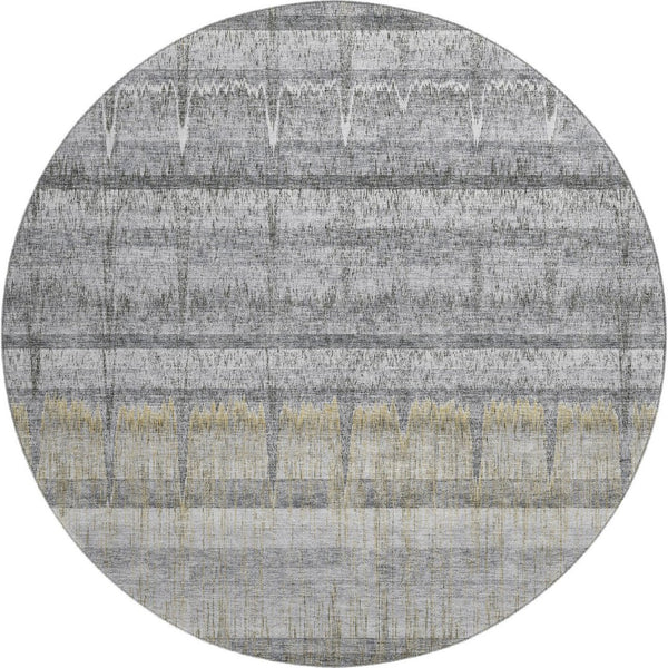 HomeRoots 8' Gray Ivory and Gold Striped Round Rug - Washable, UV-Protected, Perfect for High-Traffic Areas! 652860