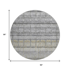HomeRoots 8' Gray Ivory and Gold Striped Round Rug - Washable, UV-Protected, Perfect for High-Traffic Areas! 652860